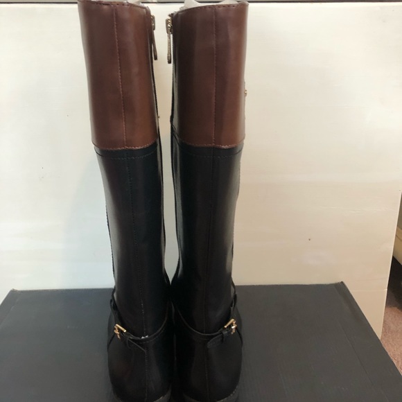 NWT Tommy Hilfiger Riding Saddle Boots 8M Black Brown Faux Leather side zip - Picture 3 of 9